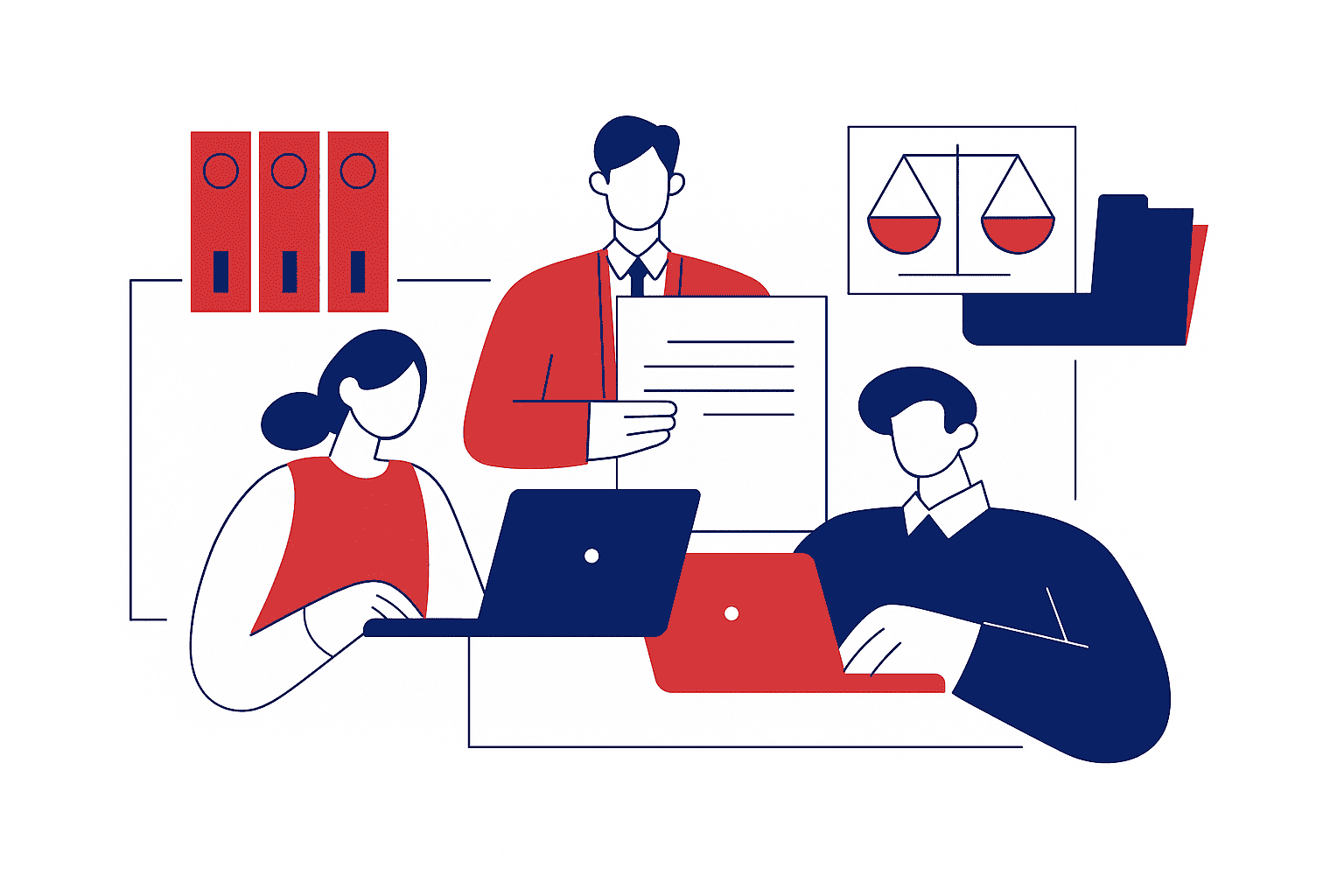 Illustrazione in rosso e blu su sfondo bianco che rappresenta come deve essere un rendiconto condominiale, con tre professionisti al lavoro su documenti e laptop.