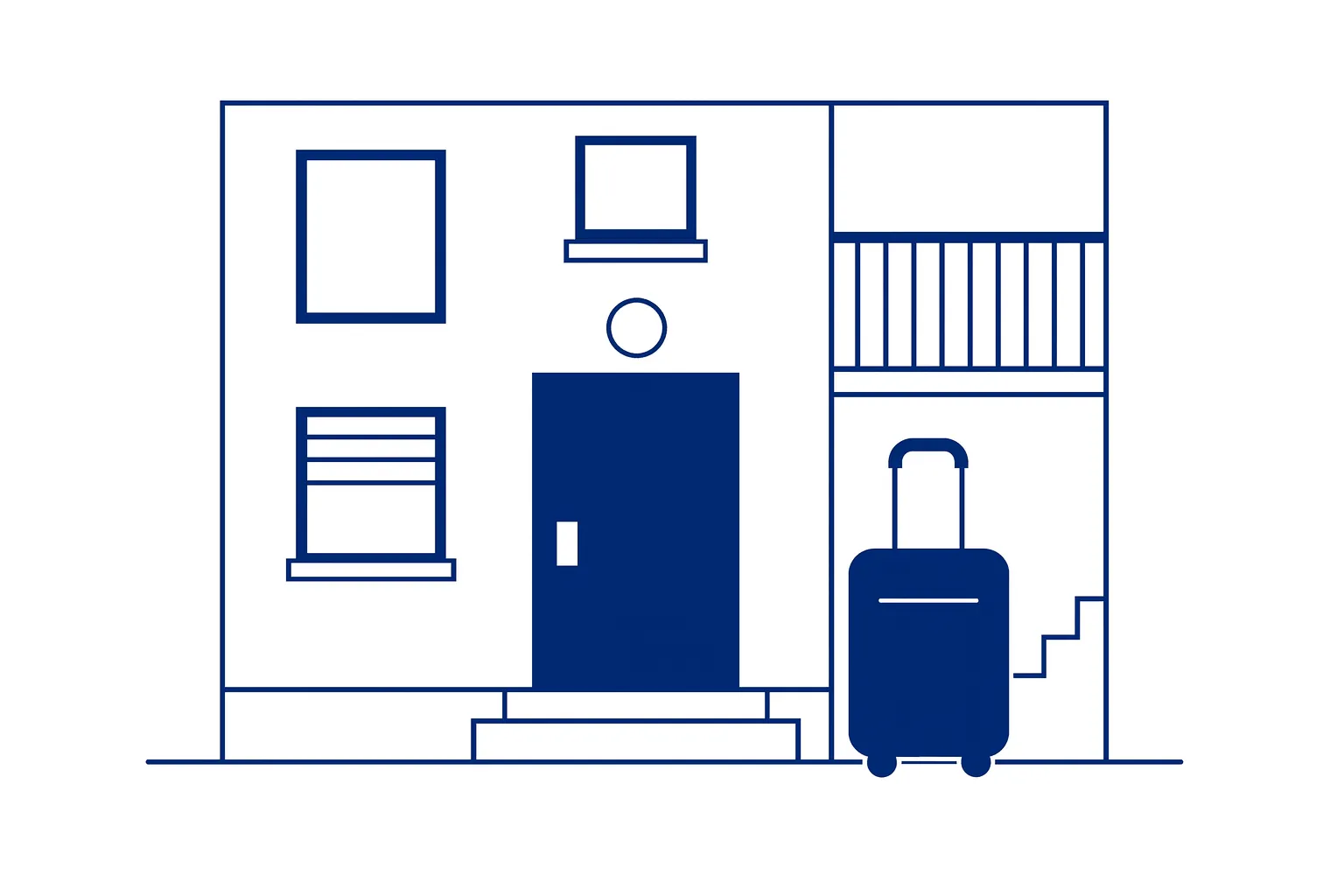 “Illustrazione minimal blu di ingresso condominiale con trolley, simbolo degli affitti brevi in condominio.”