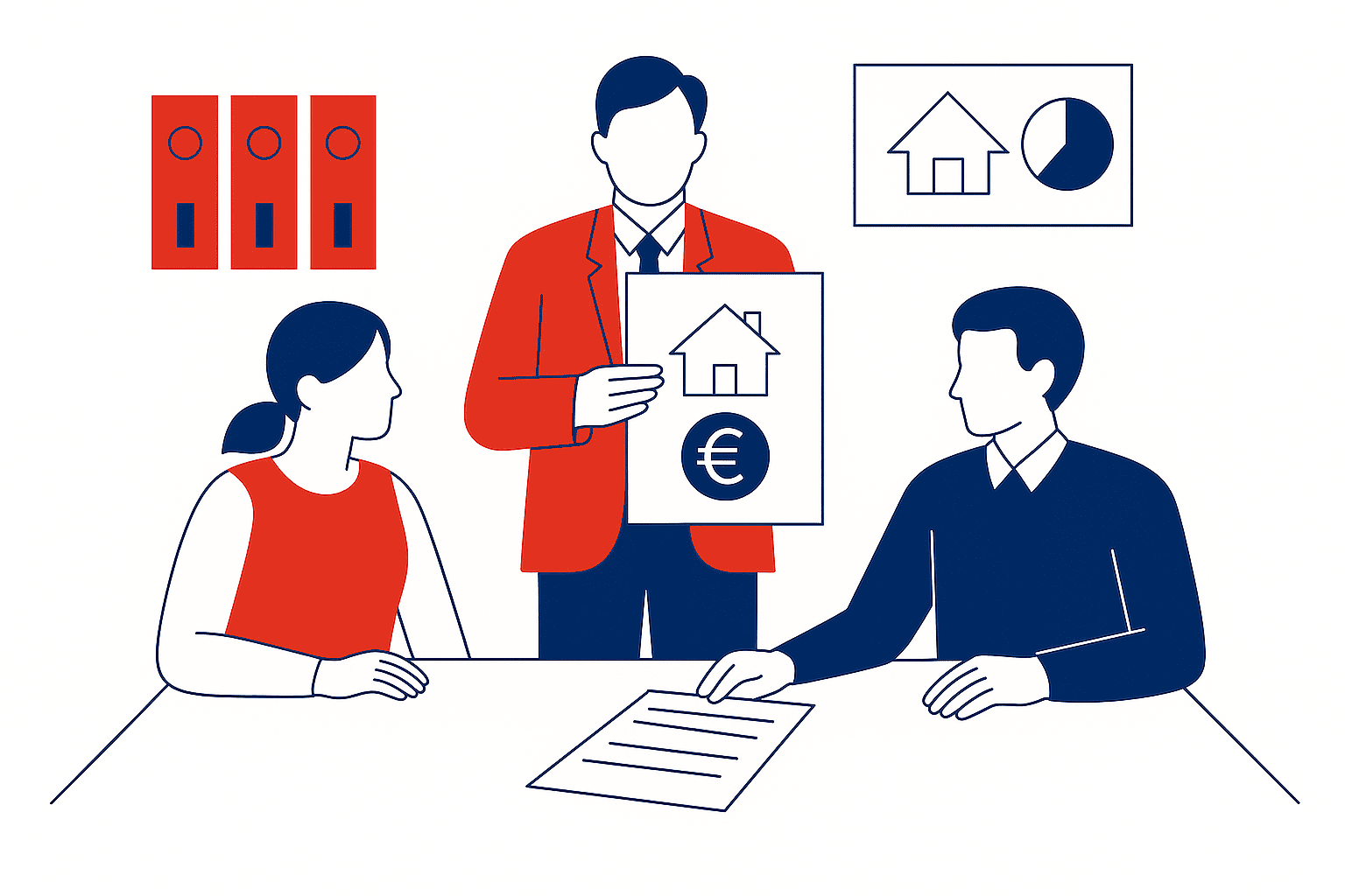 Illustrazione di riunione condominiale con persone che discutono di documenti e spese, colori blu e rosso, sfondo bianco. Rappresenta il tema “Chi paga le spese condominiali tra proprietario e inquilino?”.