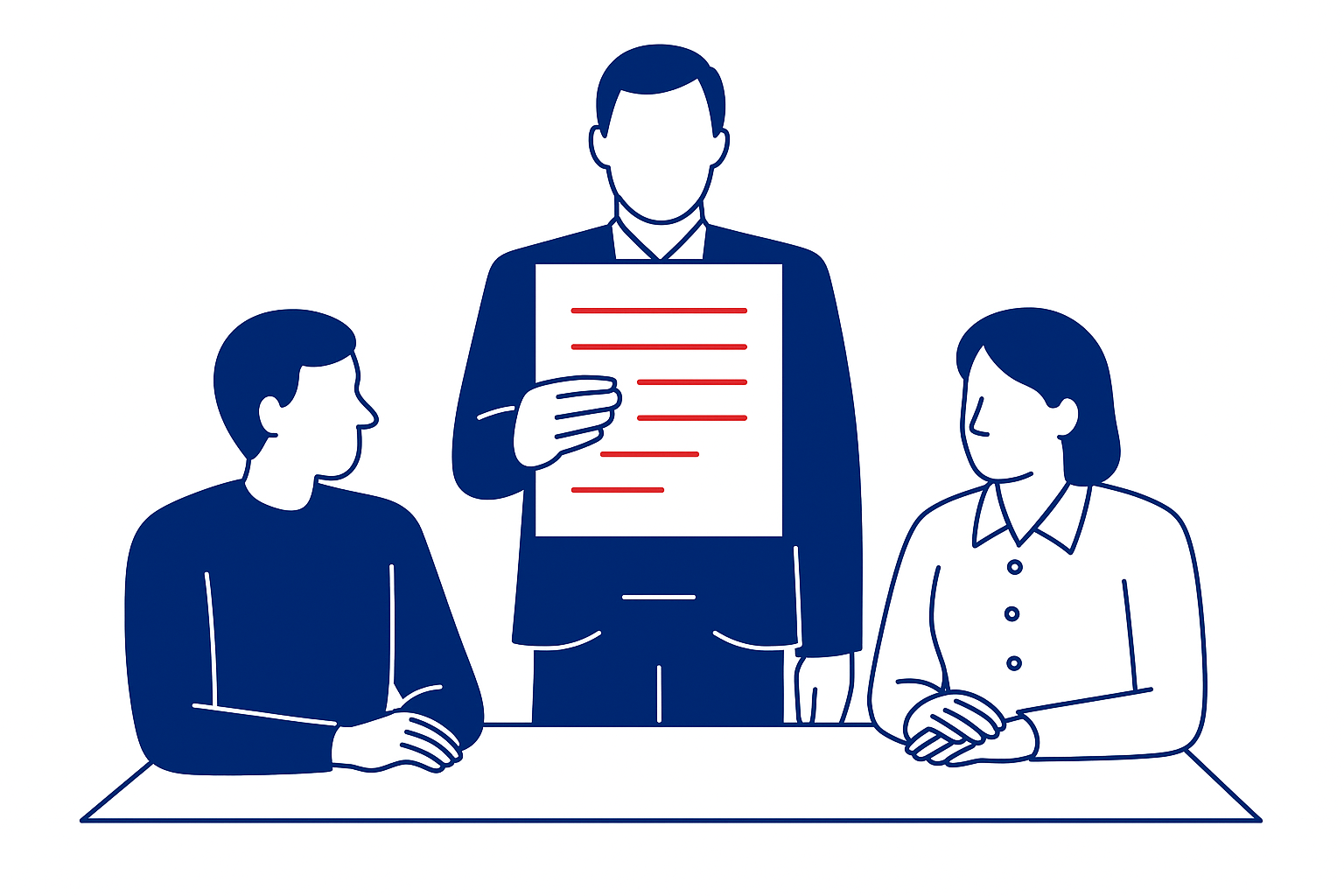 Illustrazione blu e rossa che mostra un amministratore di condominio che presenta la liberatoria condominiale a due condomini seduti al tavolo