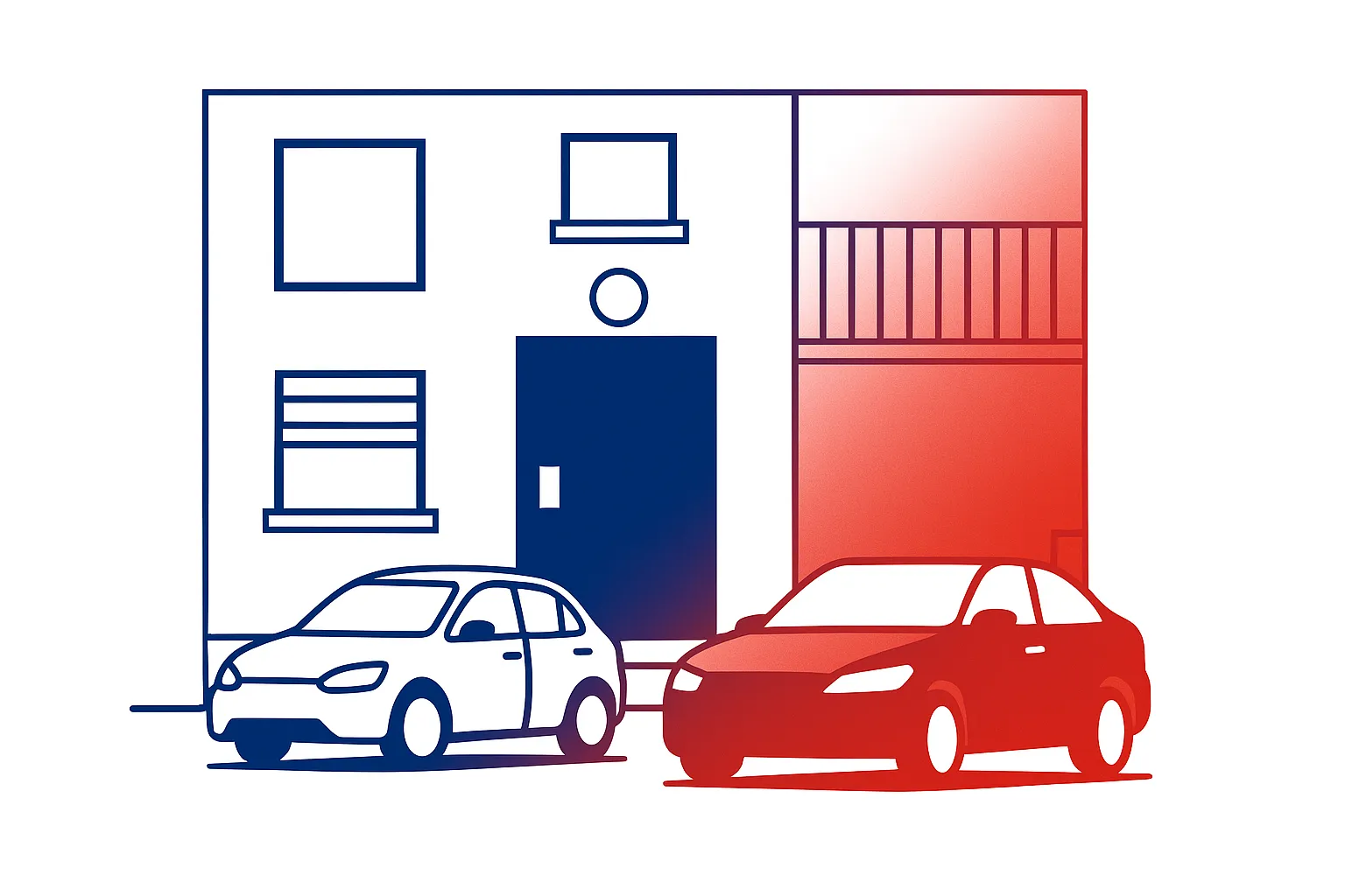 Illustrazione stilizzata di un condominio con due autovetture parcheggiate nel cortile, in colori blu e rosso, per articolo sui parcheggi condominiali.